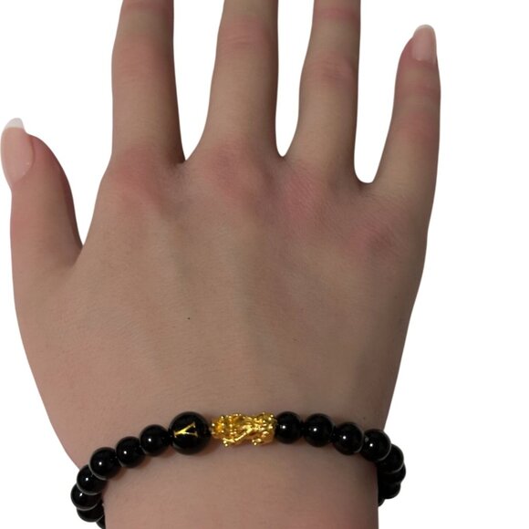 18K Gold Pixiu Piyao Bracelet Gemstones Onyx 6mm Elastic Bracelet Letter Y - Picture 6 of 6